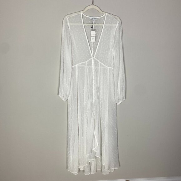 Express Rocky Barnes Maxi Dress Medium Coverup White Swiss Dots Button Front - Picture 2 of 9